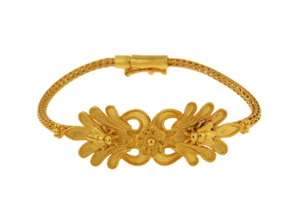 Βραχιόλι σε Χρυσό 18Κ χειροποίητο, διπλό ανθέμιο με μέλισσα και αλυσίδα πλεκτή, συλλογή 