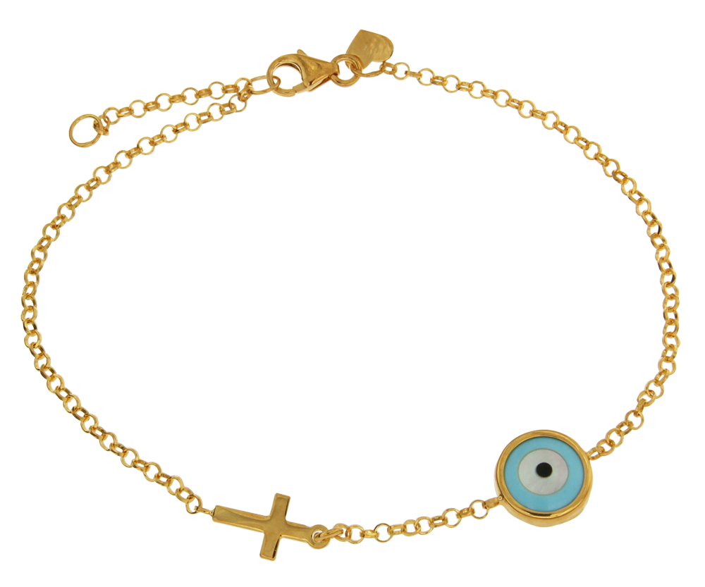 Βραχιόλι σε ασήμι 925° επίχρυσο αλυσιδωτό με Μάτι στρογγυλό με τυρκουάζ και φίλντισι και με ένα ορθογώνιο σταυρουδάκι σκέτο