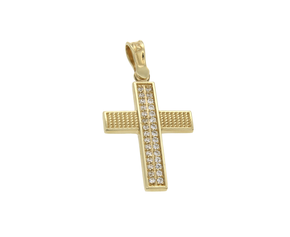 Βαπτιστικός Σταυρός για Κορίτσι σε Χρυσό 14K με γράνες και Ζιργκόν στο κάθετο 