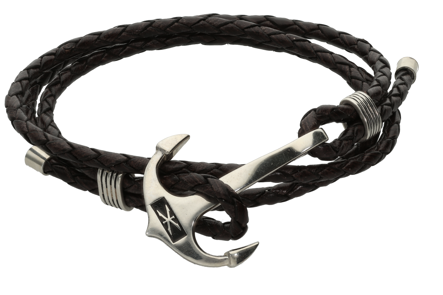 Βραχιόλι ανδρικό σε ασήμι 925° με τριπλό πλεκτό καφέ δέρμα και ασημένια άγκυρα