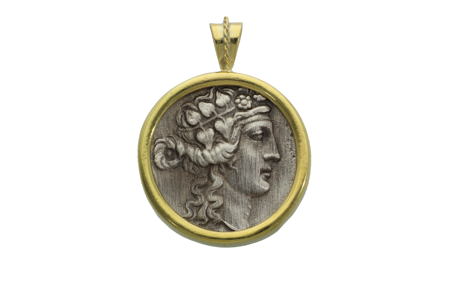 Μενταγιόν σε ασήμι 925° από τη Greek Coin με νόμισμα Θάσου που απεικονίζει τον Διόνυσο 