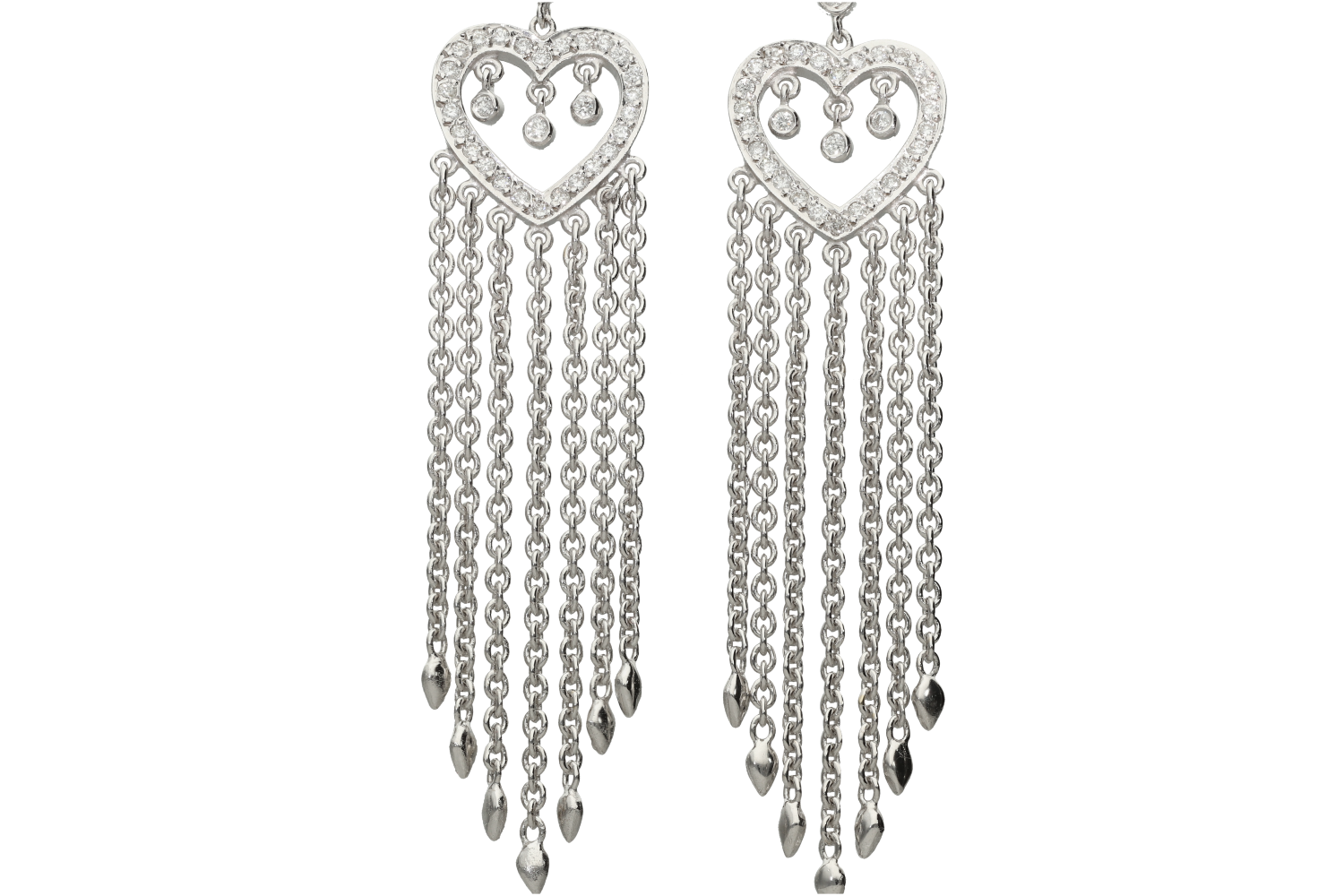Σκουλαρίκια σε Λευκόχρυσο 18K δύο καρδιές με αλυσίδες και διαμάντια