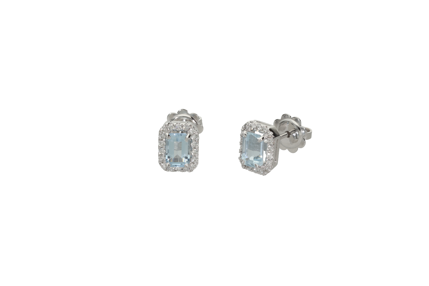 Σκουλαρίκια σε λευκόχρυσο 18Κ halo ροζέτα emerald cut με διαμάντια άκουαμαρίνες.