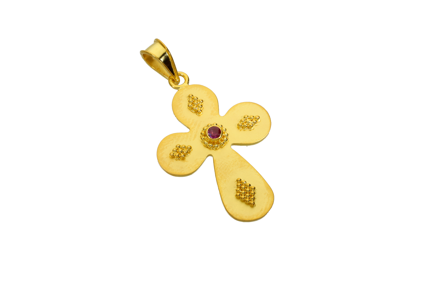 Σταυρός βαπτιστικός για κορίτσι σε χρυσό 14K Χειροποίητος βυζαντινός με κόκκίδωση σε σχήμα ρόμβου στις άκρες και με ένα ρουμπινι.