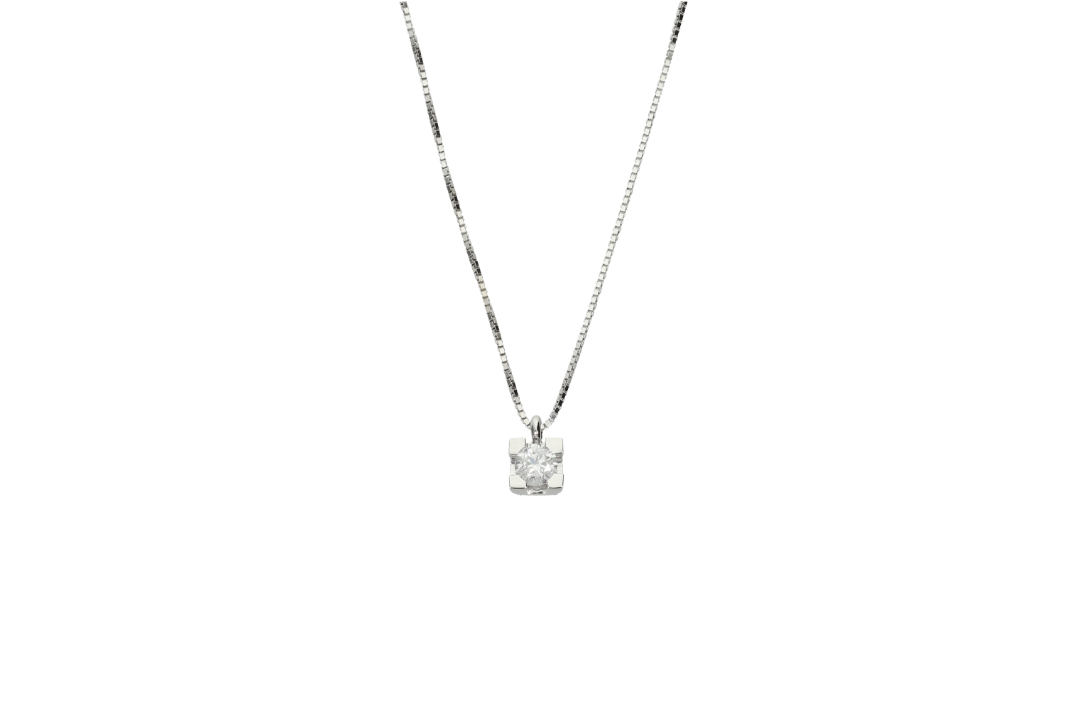 Κολιέ σε λευκόχρυσο 18Κ τετράγωνο καστόνι με διαμάντι και αλυσίδα βενετσιάνα.
