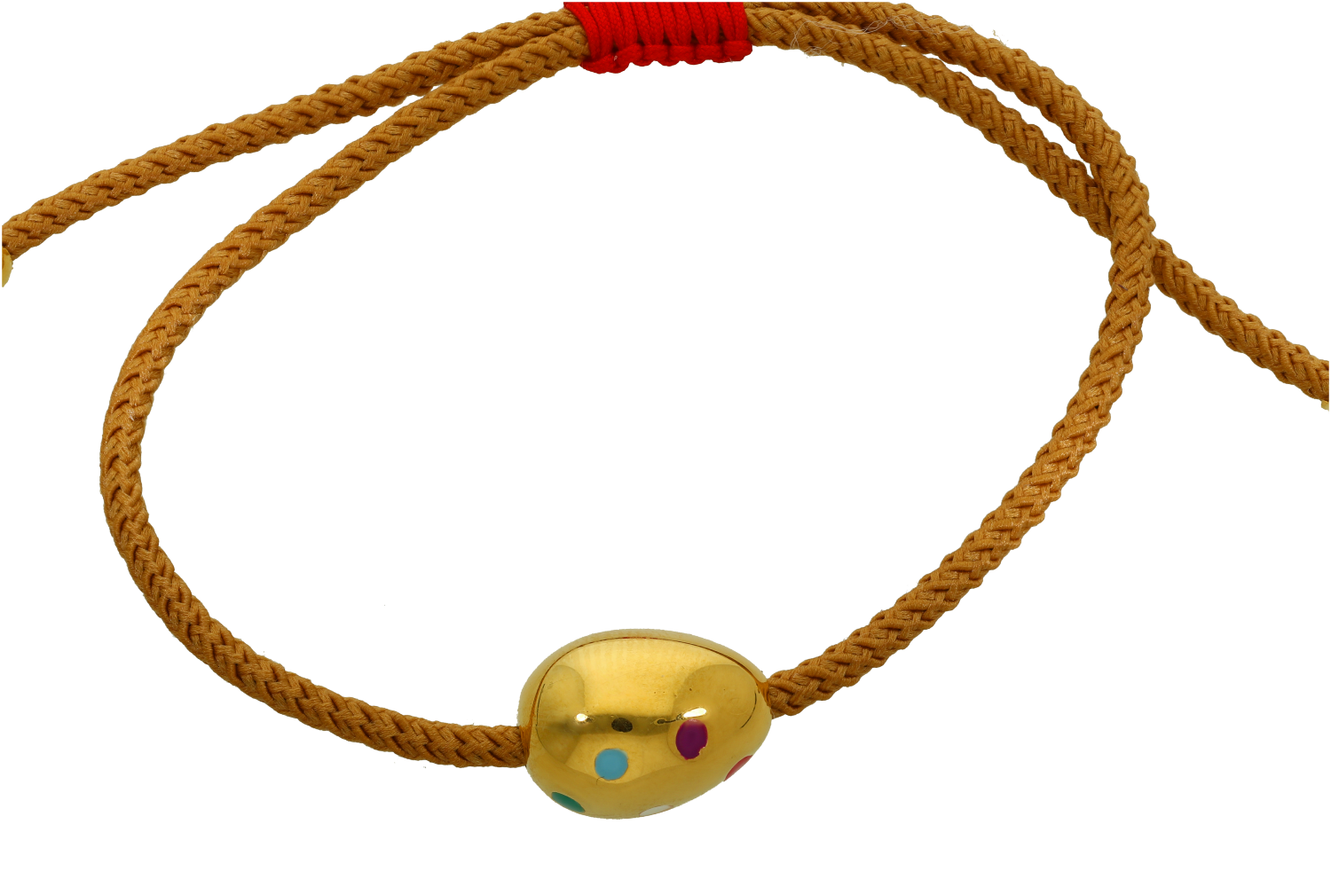 Βραχιόλι σε Ορείχαλκο επίχρυσο Αυγό Πασχαλινό με πολύχρωμο σμαλτο και κορδόνι καφέ ανοιχτό.