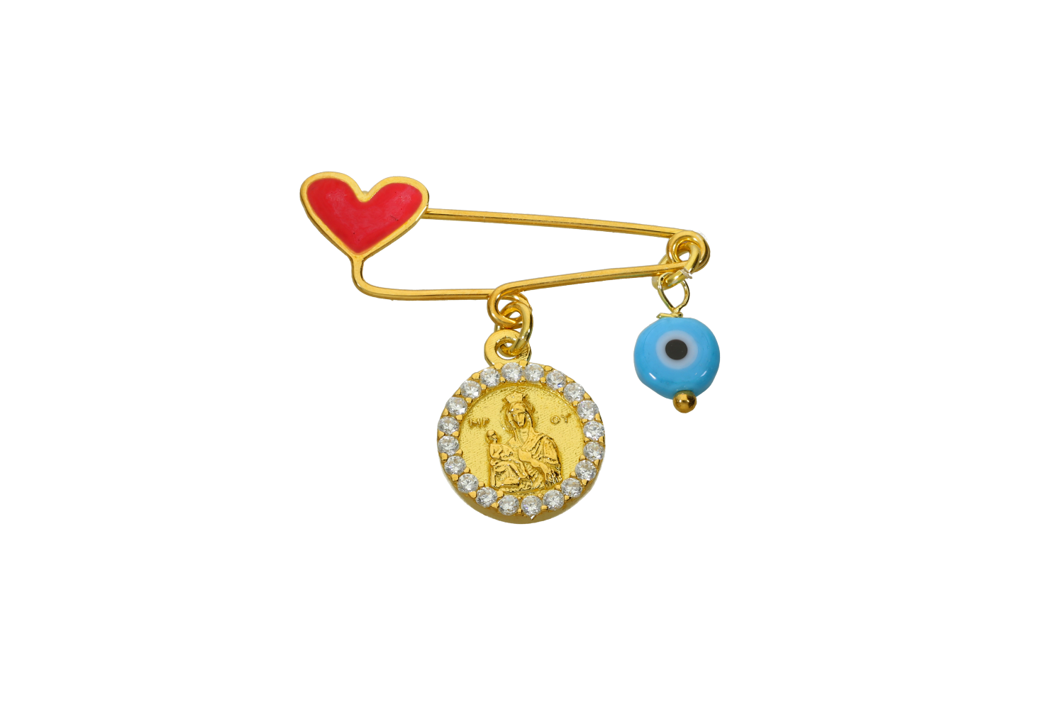 Παραμάνα παιδική σε επιχρυσωμένο ασήμι 925° με ματάκι τυρκουάζ παναγίτσα με γύρω ζιργκόν και μία καρδιά