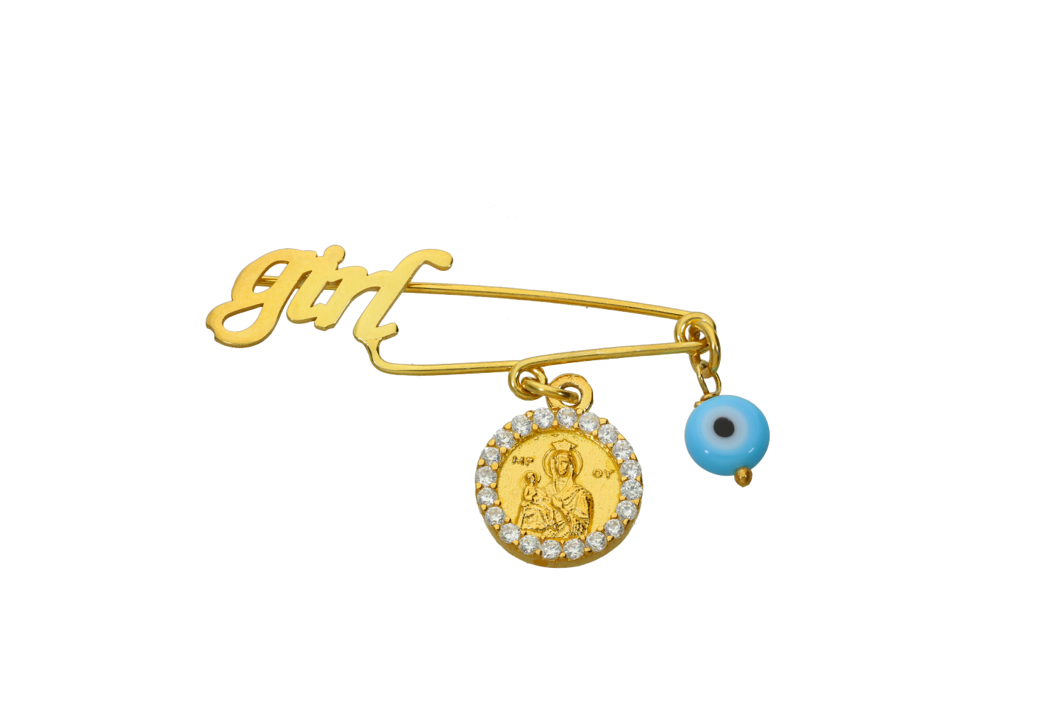 Παραμάνα παιδική σε επιχρυσωμένο ασήμι 925° με ματάκι τυρκουάζ παναγίτσα με γύρω ζιργκόν και 