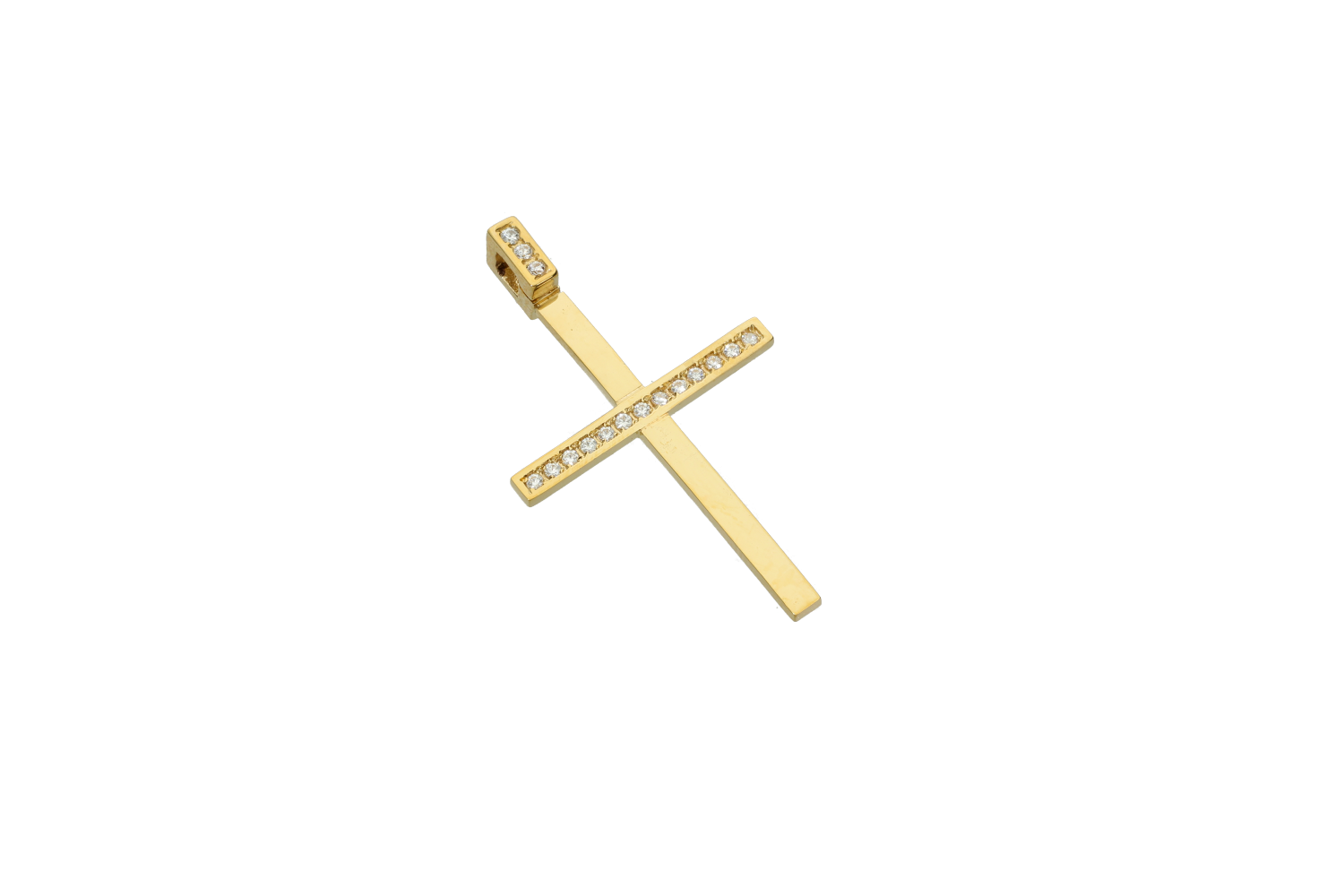 Σταυρός βάπτισης για κορίτσι σε χρυσό 18Κ σπίρτο με διαμάντια στο οριζόντιο και στον ορθογώνιο χαλκά.