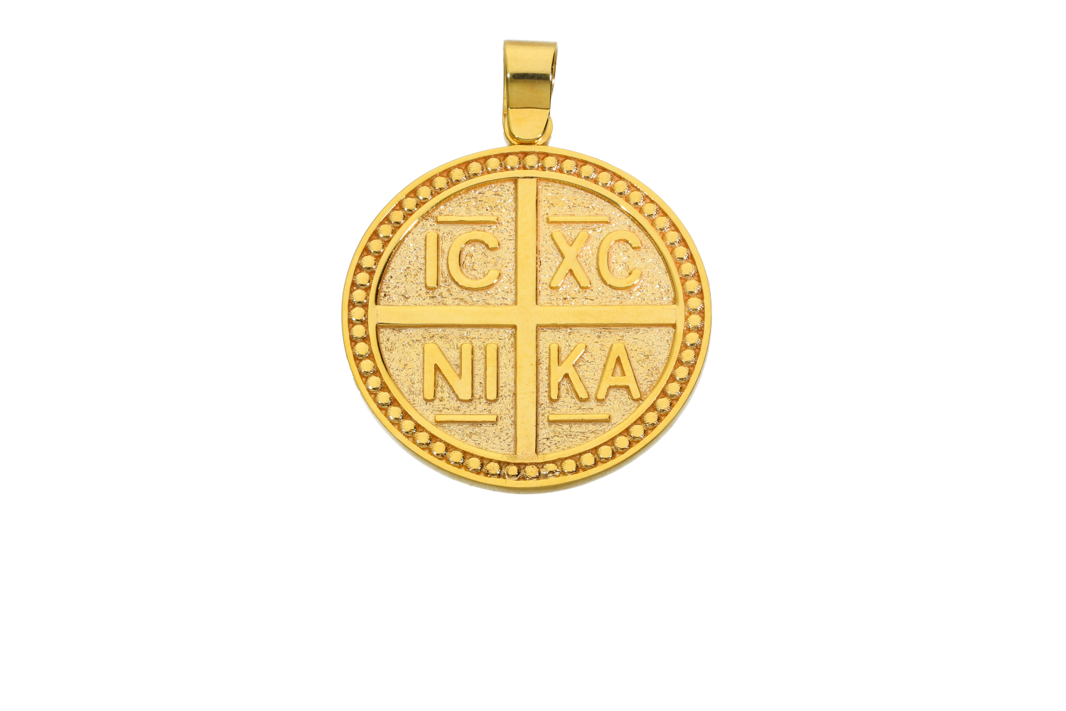 Κωνσταντινάτο σε χρυσό 14Κ στρογγυλό πλακέ ICXCNIKA με χρυσές μπίλιες περιμετρικά & Αγ. Κωνσταντίνος και Αγία Ελένη από πίσω