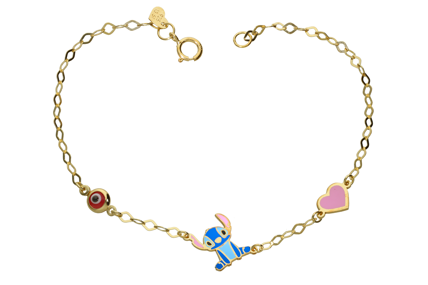 Βραχιόλι σε επιχρυσωμένο ασήμι 925° αλυσιδωτό με ένα μάτι μια καρδούλα και ένα ζωάκι