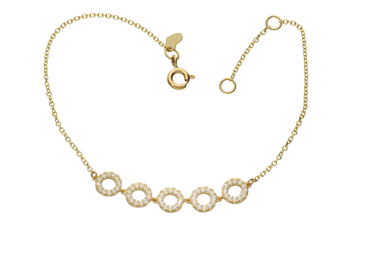 Βραχιόλι σε χρυσό 14Κ με πέντε στρογγυλά μοτίφ με ζιργκόν