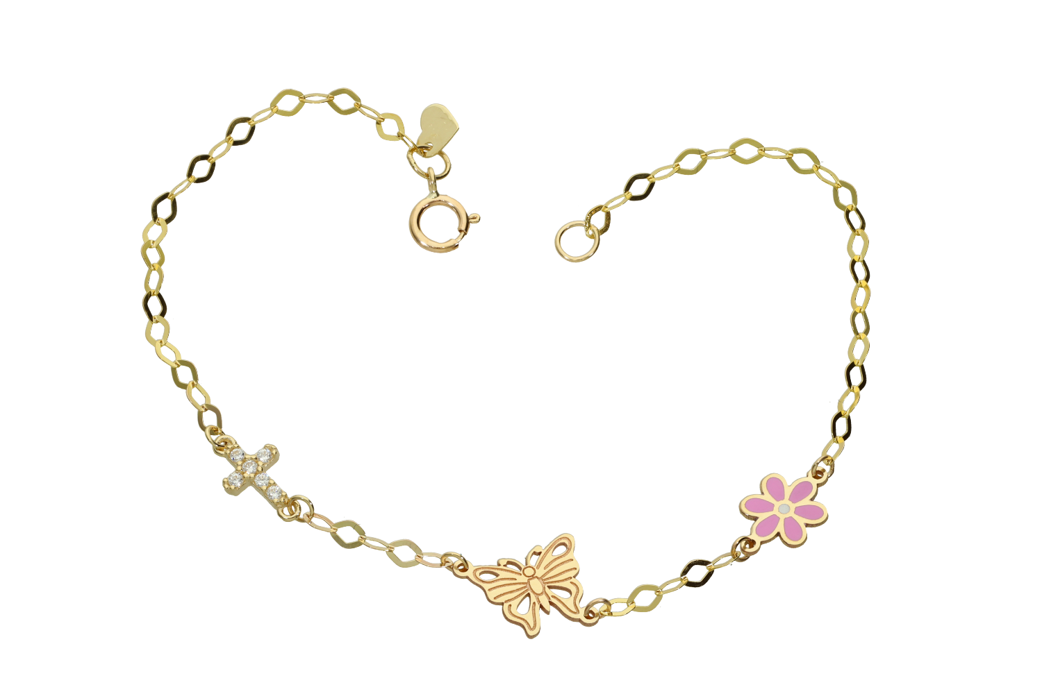 Βραχιόλι σε χρυσό 9Κ με λουλούδι πεταλούδα και σταυρό με ζιργκόν