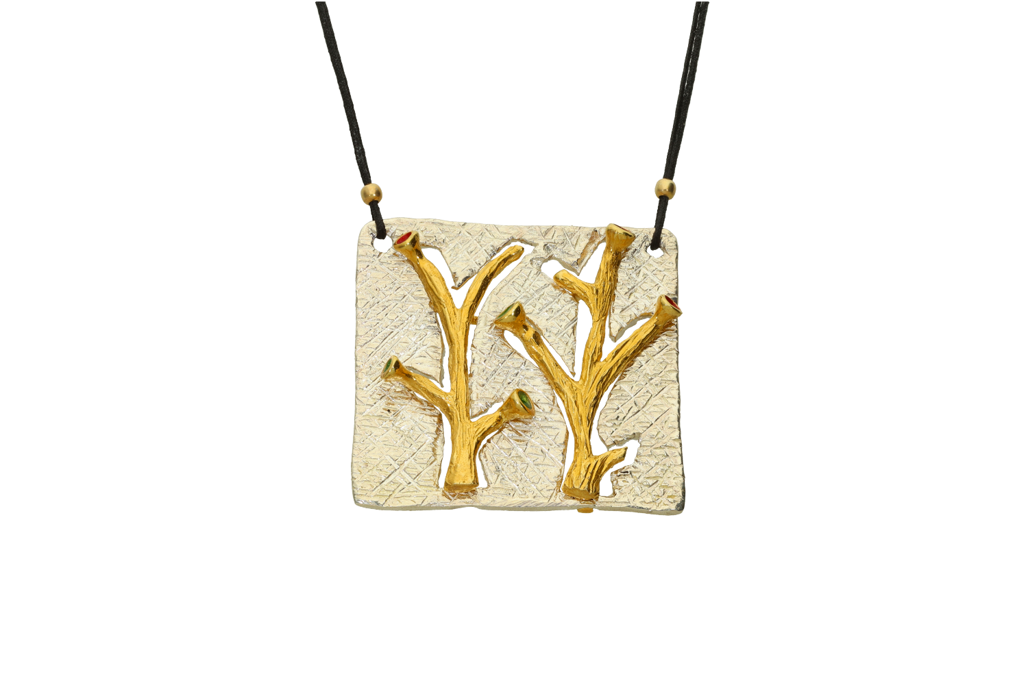 Κολιέ σε δίχρωμο ασήμι 925° ασημένιο τετράγωνο με επιχρυσωμένα μοτίφ σαν κλαδιά