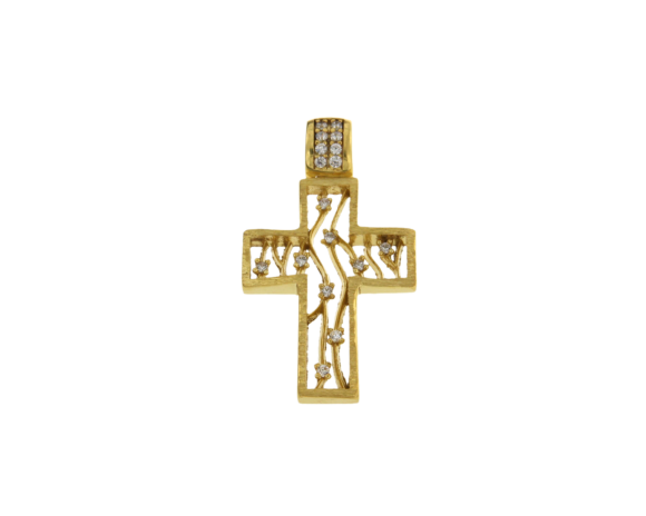 Σταυρός Βαπτιστικός για Κορίτσια σε χρυσό 14K χειροποίητος, ορθογώνιο ματ πλαίσιο με κυματιστά σαν κλαδιά με ζιργκόν 