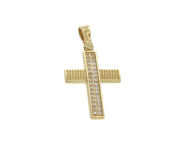 Βαπτιστικός Σταυρός για Κορίτσι σε Χρυσό 14K με γράνες και Ζιργκόν στο κάθετο 
