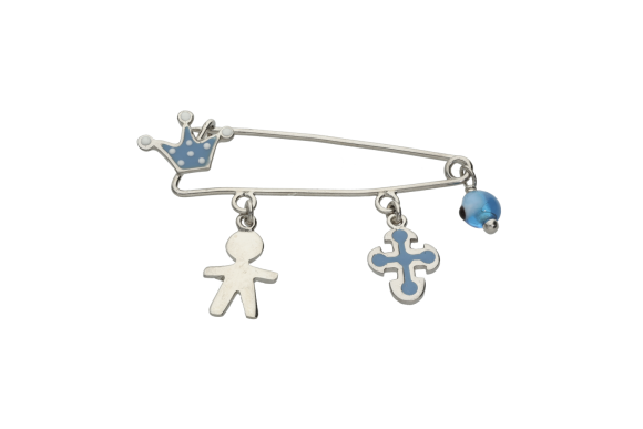 Παραμάνα παιδική για αγόρι σε ασήμι 925° με ένα σταυρουδάκι από μπλε σμάλτο μία κορόνα ένα αγοράκι και ένα ματάκι