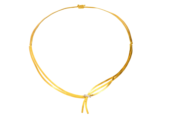 Κολιέ σε δίχρωμο χρυσό 18Κ δύο ελάσματα χρυσού που δένουν με μια σειρά από διαμάντια