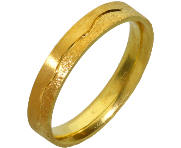 Βέρες Γάμου χρυσές 14Κ, Βέρα χειροποίητη πλακέ ματ με κάθετο γραμμωτό σχέδιο και κυματιστή γραμμή