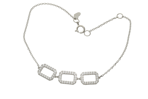 Βραχιόλι σε λευκόχρυσο 9Κ με τρεία ορθογώνια μοτιφ με ζιργκόν