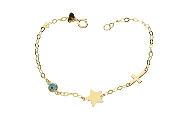 Βραχιόλι σε χρυσό 9Κ με ματάκι σταυρουδάκι και αστέρι