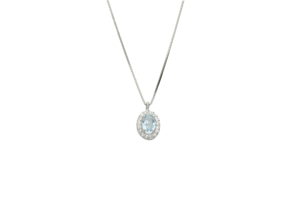 Κολιέ σε λευκόχρυσο 18Κ ροζέτα οβάλ με Διαμάντια και ακουαμαρίνα με αλυσίδα βενετσιάνα.