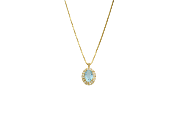 Κολιέ σε χρυσό 18Κ  ροζέτα οβάλ με Διαμάντια και ακουαμαρίνα με αλυσίδα βενετσιάνα.