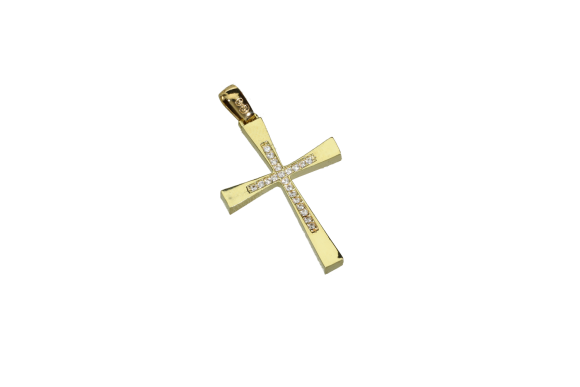 Σταυρός Βάπτισης για κορίτσι σε χρυσό 9Κ φωσκοτές άκρες και ζιργκόν στο κέντρο