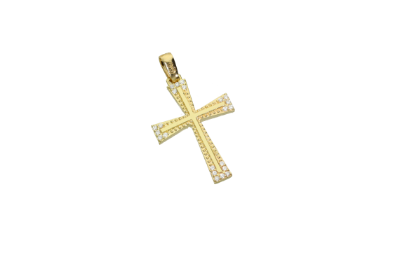 Σταυρός Βάπτισης για κορίτσι σε χρυσό 9Κ με ζιργκόν στη περίμετρο