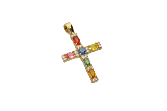 Σταυρός βαπτιστικός για κορίτσι σε Χρυσό 14K Ορθογώνιος με οβάλ χρωματιστά ζαφείρια και λευκά ζιργκόν.